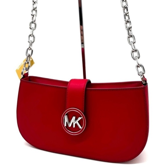 Michael Kors Carmen Small Pouchette Crossbody Bag Red/Silver - Picture 1 of 11